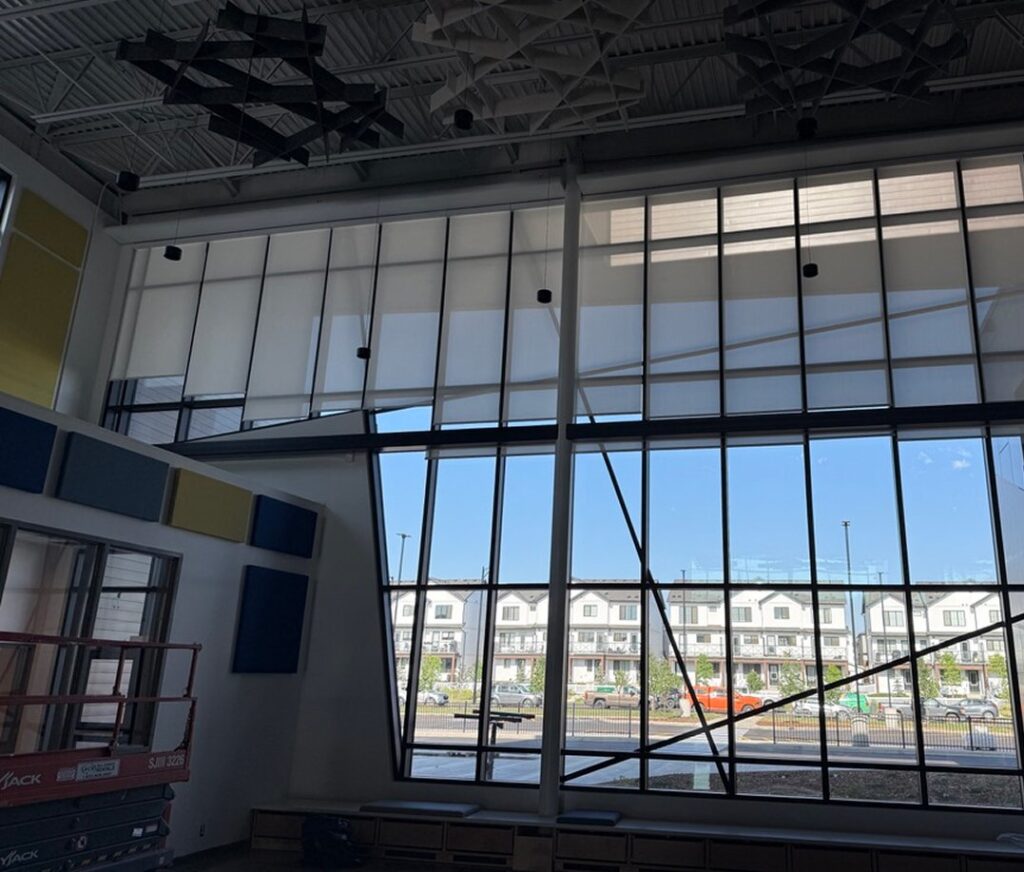 Office boardroom with motorized commercial blinds by Novo Blinds Edmonton