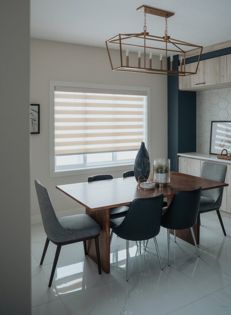 Bright Edmonton kitchen with custom zebra blinds by Novo Blinds
