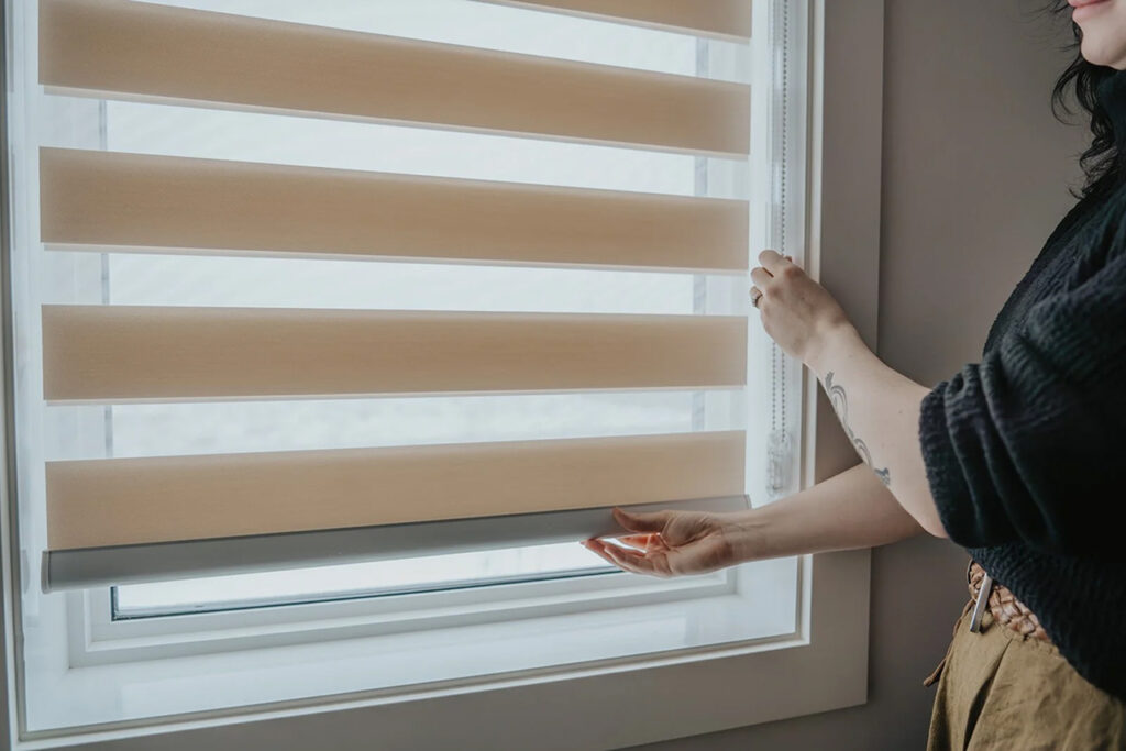 Zebra blinds on a home window — alternating sheer and opaque bands for adjustable light and privacy