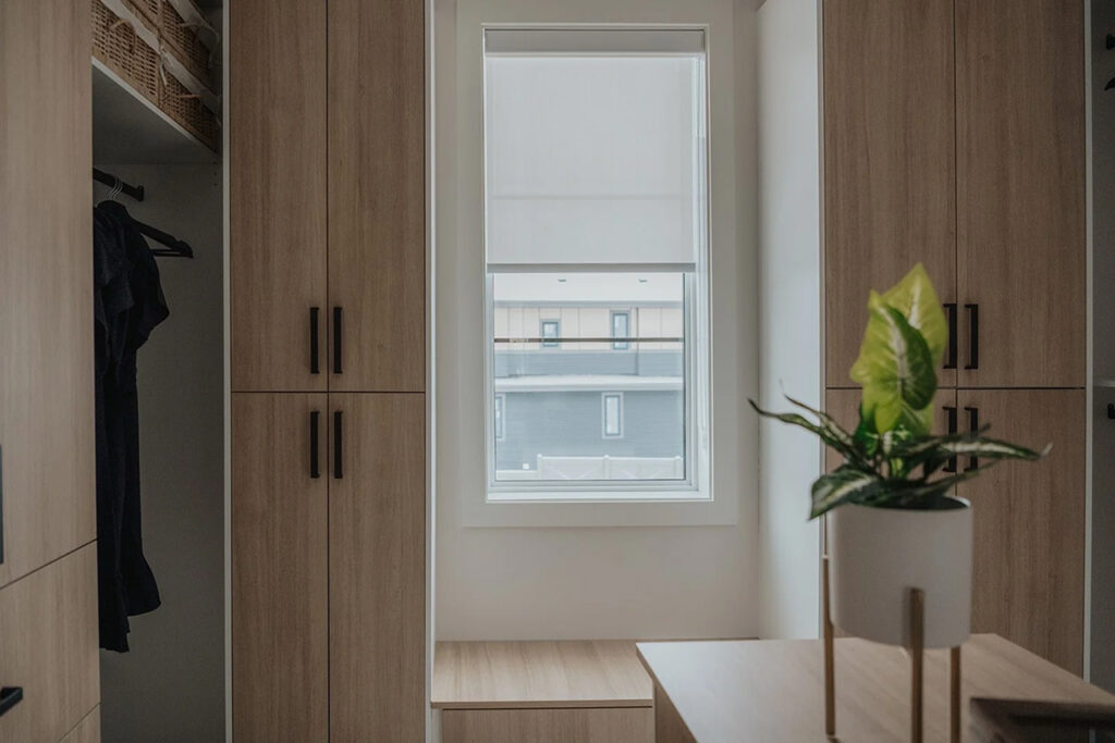 Custom roller shades in an Edmonton-area living room by Novo Blinds