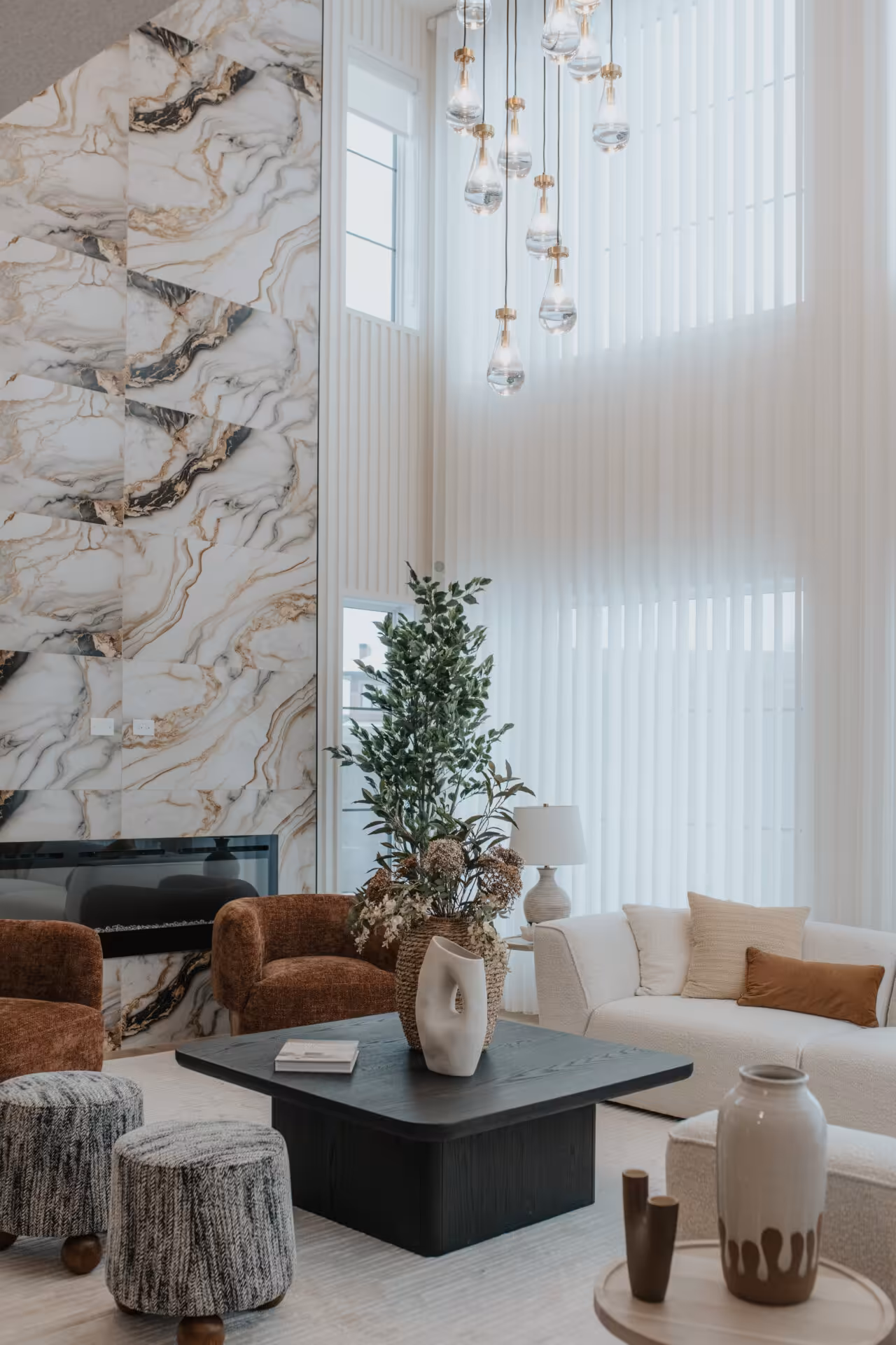 Custom window coverings in Edmonton home — high ceiling living room blinds edmonton residential