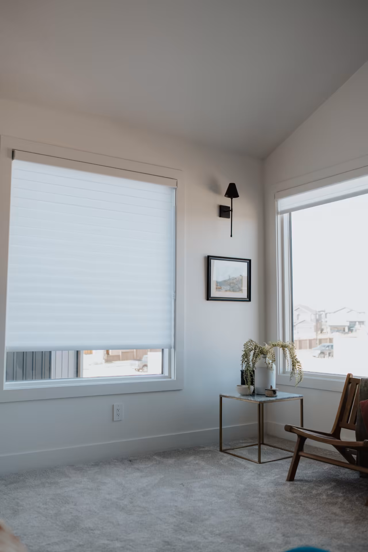 Custom window coverings in Edmonton home — light filtering shades edmonton residential living