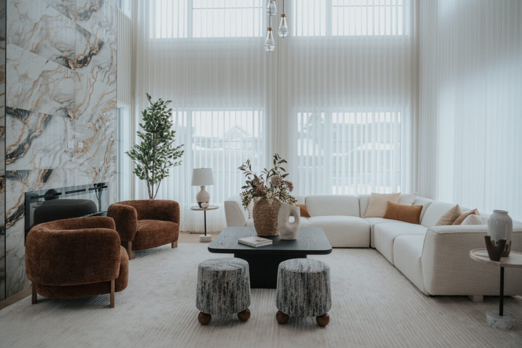 Luxury residential window shades in a large Edmonton living room