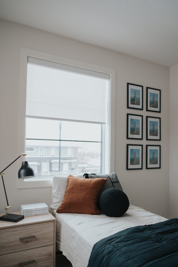Clean, minimalist residential window shades in an Edmonton living room project