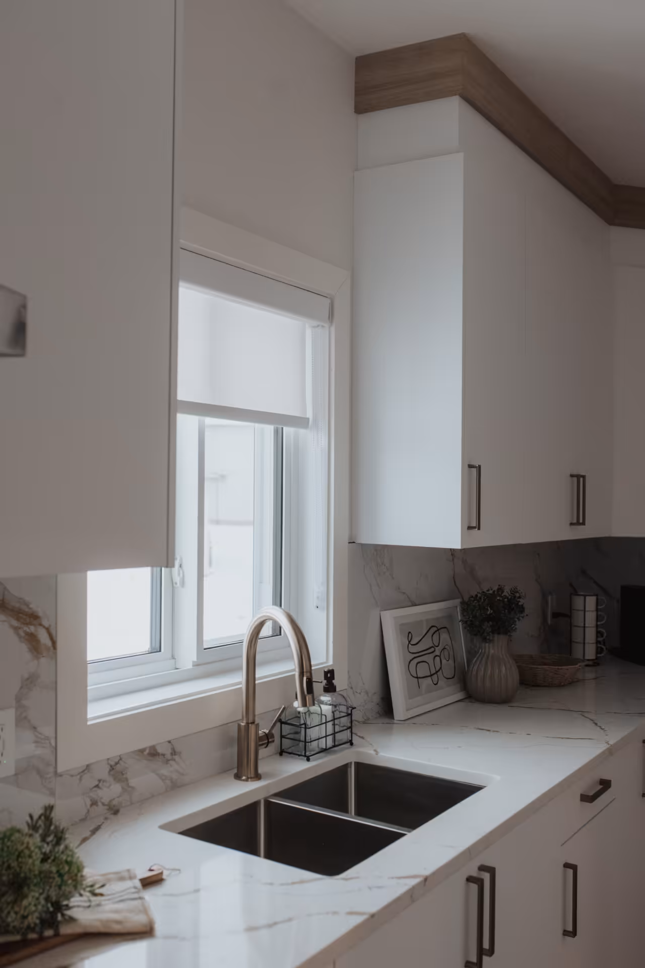 Custom window coverings in Edmonton home — residential kitchen roller shades edmonton gallery