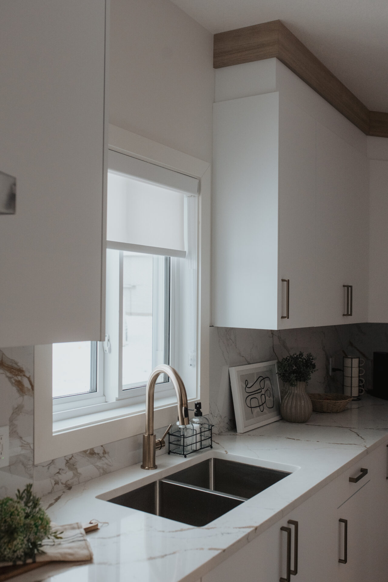 Modern residential kitchen roller shades installed from Edmonton blinds gallery