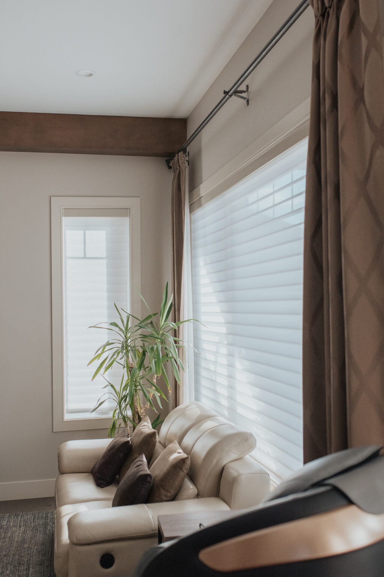 Modern residential zebra shades for a living area, Edmonton blinds gallery
