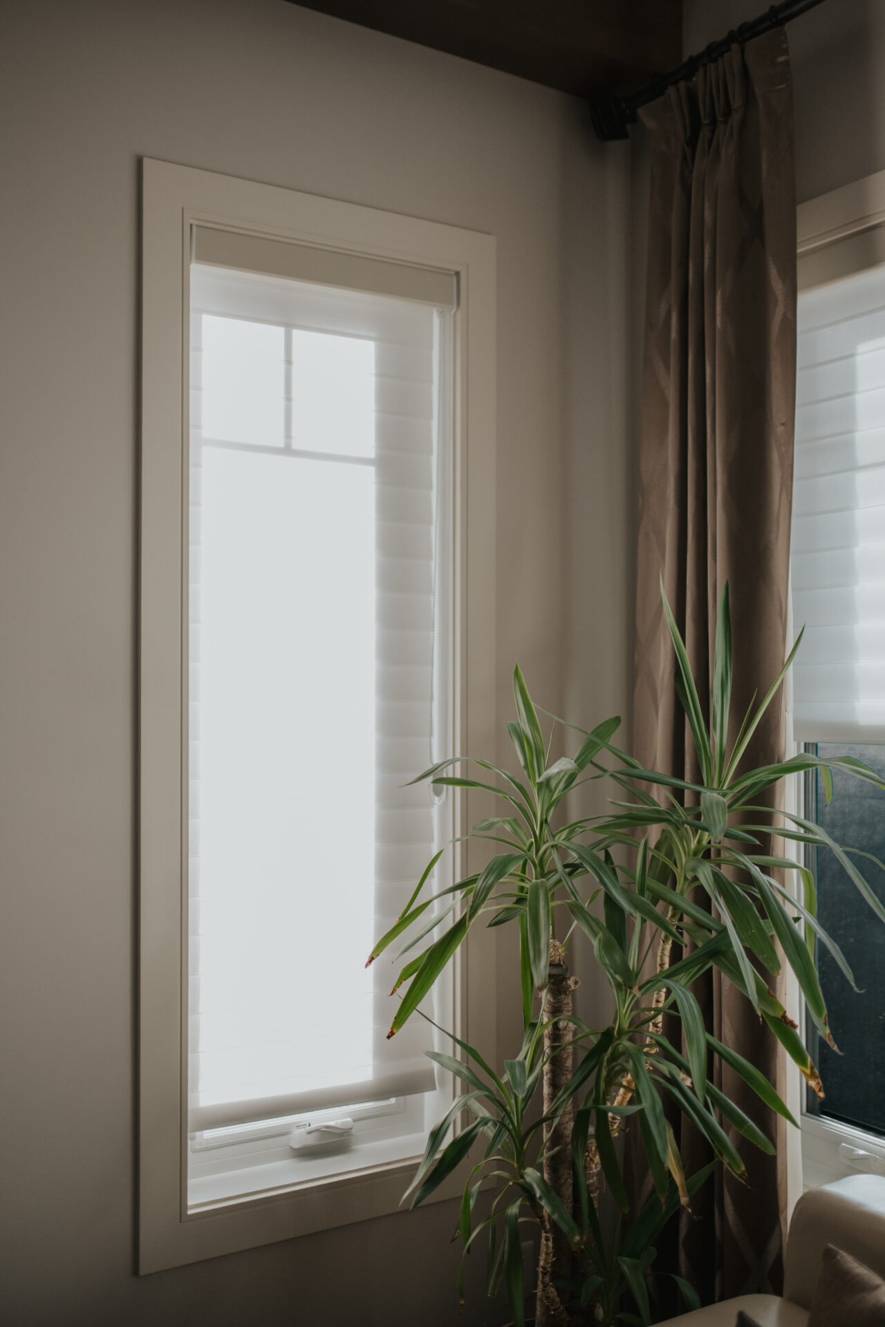 Close-up of residential vertical sheer blinds from an Edmonton home installation