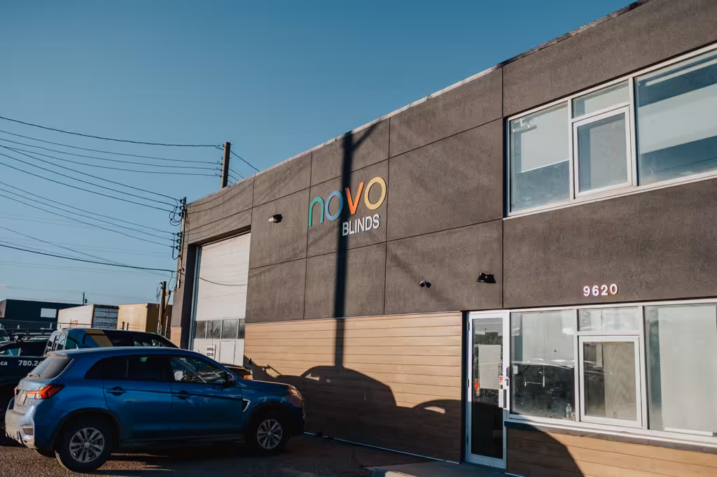 Novo Blinds Edmonton manufacturing facility at 9620 62 Ave NW — factory floor