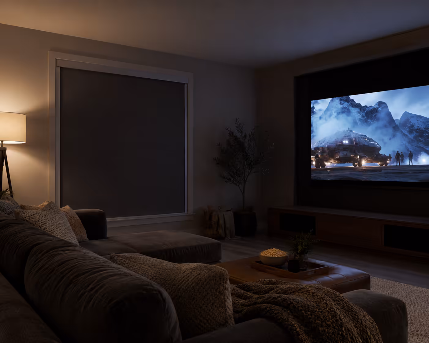 Custom window coverings in Edmonton home — blackout home theatre novoblinds