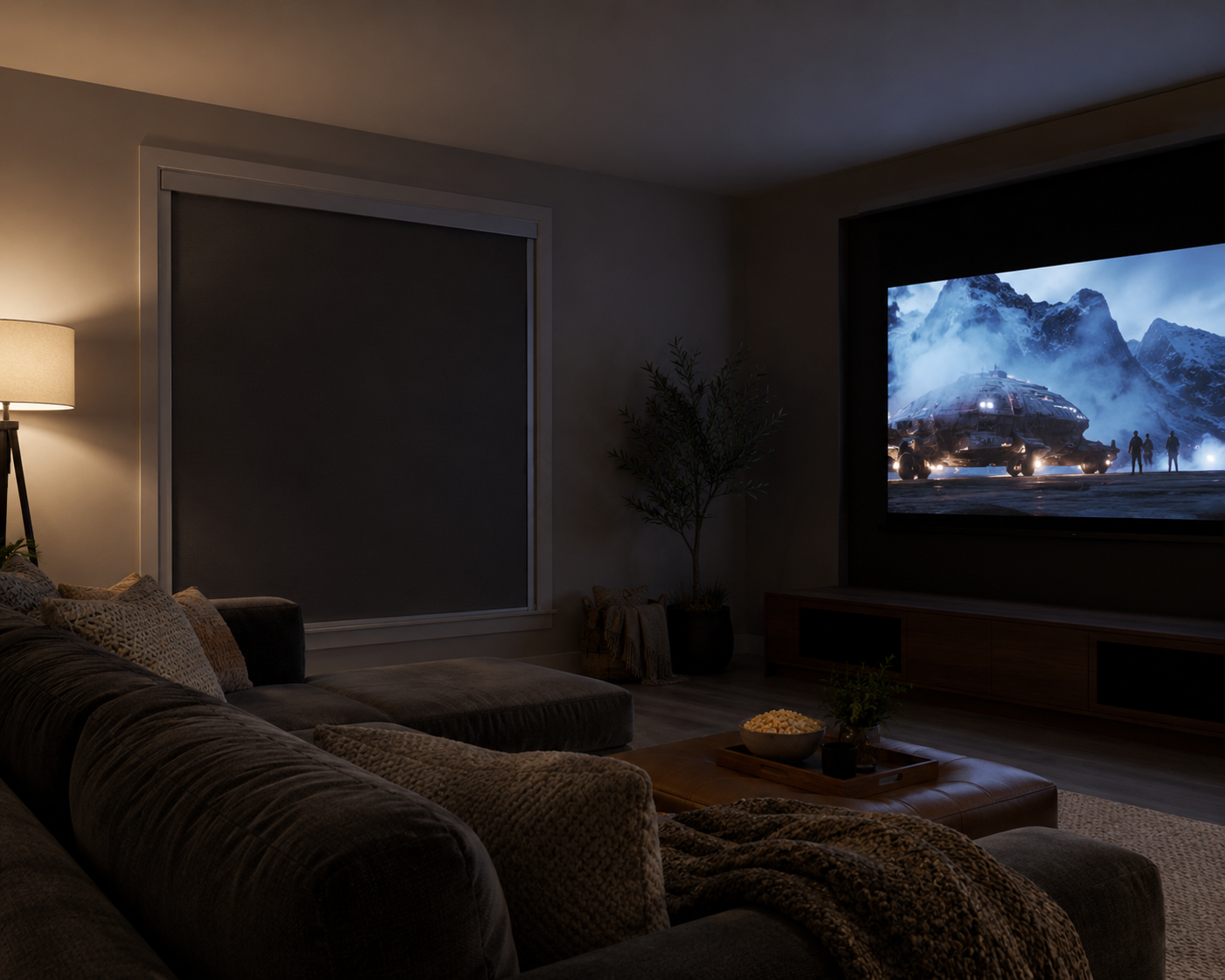 Modern home theatre with Novo blackout shade fully down — no glare on the screen