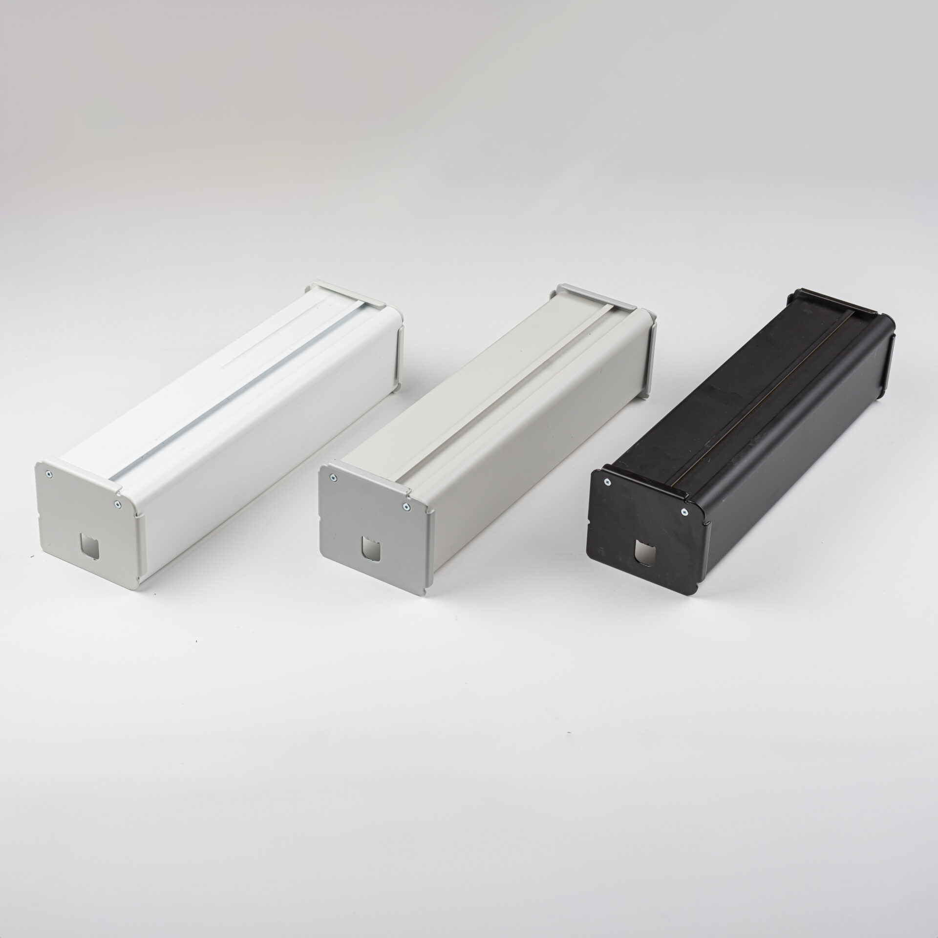 Aluminum roller shade cassettes in white, silver and black, wholesale components