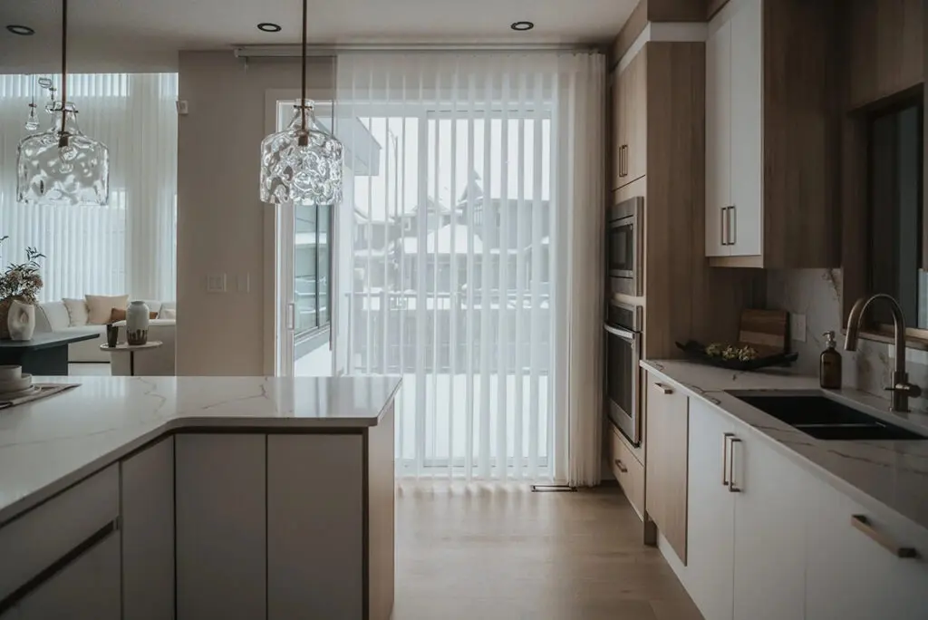 Vertical sheer patio door window blinds Edmonton home by Novo Blinds